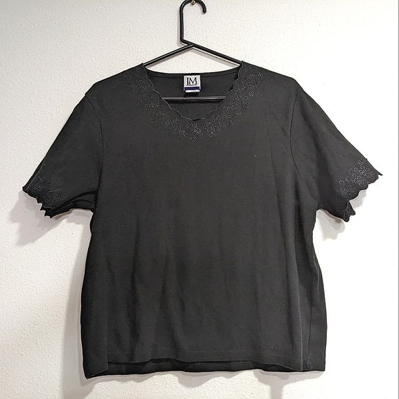 JM Collection Black Short Sleeve Shirt, Scallop Neck and Sleeves Cotton … - Picture 1 of 9